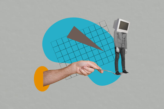Unreal headless collage of person man computer monitor sadness spoon holding guy zombie manipulated isolated on plaid grey background