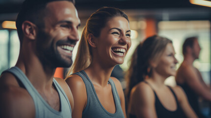 Fototapeta premium Fitness enthusiasts enjoying a workout session at the gym, friends train together. Participating in a cheerful Pilates class, expressing happiness through exercise, Generative AI.