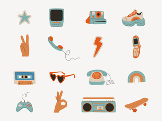 Set of retro elements from the 80s and 90s. Audio cassette, tape recorder, mobile phone, skateboard, joystick, handset phone. Vector flat trend illustration.