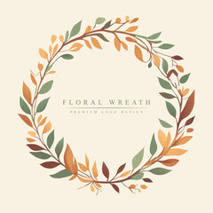 Fototapeta na wymiar Vector floral hand drawn logo wreath in minimal style on flat background. Circle frames logos. For badges, labels, wedding invitations logotypes and branding business identity.
