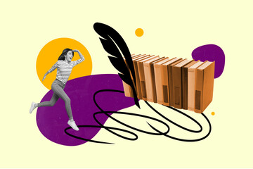 Picture image poster of excited happy girl running looking far away shopping sale discount isolated...