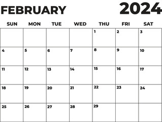 February 2024 Black and White Sunday Start Landscaped Monthly Planner, Sunday Start Calendar 2024