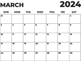 March 2024 Black and White Sunday Start Landscaped Monthly Planner, Sunday Start Calendar 2024