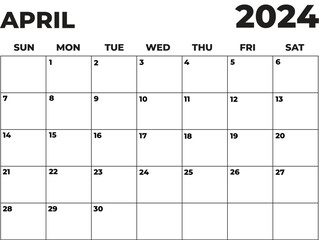 April 2024 Black and White Sunday Start Landscaped Monthly Planner, Sunday Start Calendar 2024