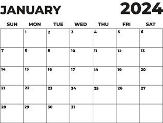 January 2024 Black and White Sunday Start Landscaped Monthly Planner, Sunday Start Calendar 2024