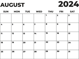 August 2024 Black and White Sunday Start Landscaped Monthly Planner, Sunday Start Calendar 2024