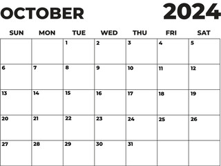 October 2024 Black and White Sunday Start Landscaped Monthly Planner, Sunday Start Calendar 2024