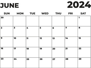 June 2024 Black and White Sunday Start Landscaped Monthly Planner, Sunday Start Calendar 2024 - obrazy, fototapety, plakaty