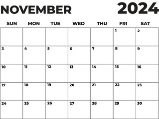 November 2024 Black and White Sunday Start Landscaped Monthly Planner, Sunday Start Calendar 2024