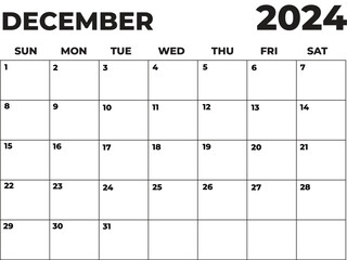 December 2024 Black and White Sunday Start Landscaped Monthly Planner, Sunday Start Calendar 2024