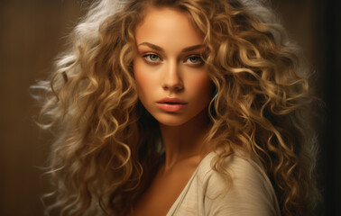 Naklejka premium Portrait of a beautiful young woman with curly blonde hair. Generative AI.