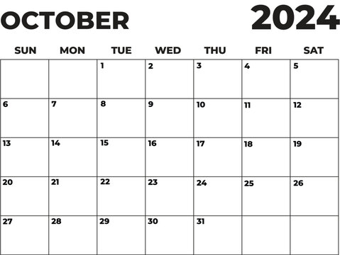 October 2024 Black and White Sunday Start Landscaped Monthly Planner, Sunday Start Calendar 2024