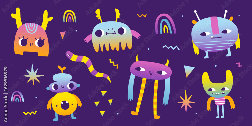 Canvas Prints groovy monsters set. cute abstract creatures collection with surreal gradient bright colors. psyched