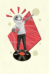 Vertical collage image of mini black white effect boy disco ball instead head stand vinyl record...