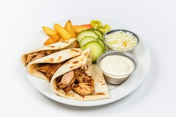 Chicken shawarma with pita bread slices, mayonnaise, coleslaw, pickle slices, potato fries