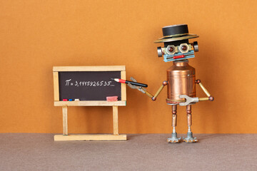 Math lesson. Professor robot explains Pi mathematical constant irrational number 3.1415926535. Toy robotic teacher with pencil pointer. College classroom interior black chalkboard - 629518183