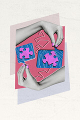 Vertical collage, image of black white effect arms fingers hold connect two puzzle pieces isolated on creative background