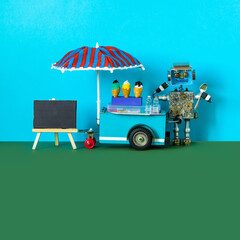 Mobile ice cream cart robot seller. Empty black chalkboard for menu. Summer time blue green...