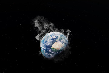 Planet Earth on fire and smoke on dark background. 3D Rendering Illustration Wildfire political concept idea