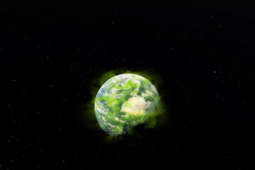 Poisoned planet Earth under a green cloud in open space on dark black background. 3D Rendering Illustration Global Warming political concept idea
