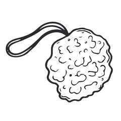 Mesh pouf bath sponge washcloth. Soft synthetic shower wash cloth. Spa body care accessory product. Doodle line illustration isolated