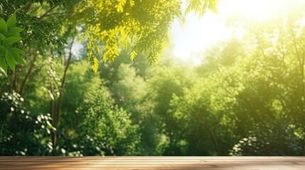 Obraz premium A blurred tropical jungle backdrop complements the empty wooden table. (Generative AI)