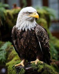 Obraz premium A bald eagle sat on mossy branch within a forest. (Generative AI)