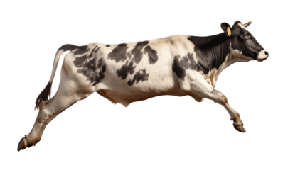 Transparent cow isolated on white. Jumping cow. Spotted cow. Farm animals. Cow, standing full-length in front of transparent background.