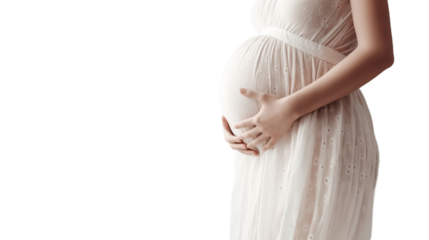 Transparent pregnant woman in dress holds hands on belly on a white background. Pregnancy, maternity, preparation and expectation concept. Beautiful tender mood photo of pregnancy.