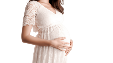Transparent pregnant woman in dress holds hands on belly on a white background. Pregnancy, maternity, preparation and expectation concept. Beautiful tender mood photo of pregnancy.