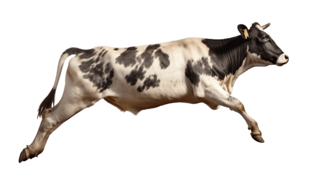 Transparent cow isolated on white. Jumping cow. Spotted cow. Farm animals. Cow, standing full-length in front of transparent background.