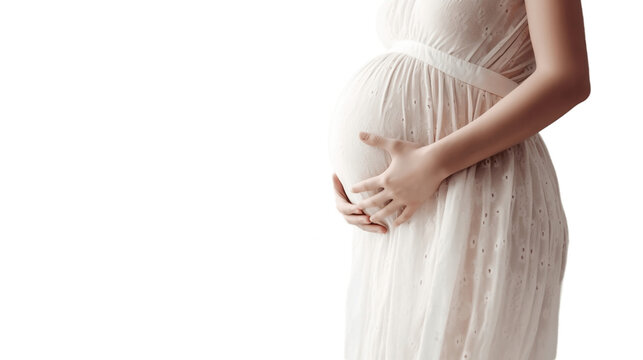 Transparent pregnant woman in dress holds hands on belly on a white background. Pregnancy, maternity, preparation and expectation concept. Beautiful tender mood photo of pregnancy.
