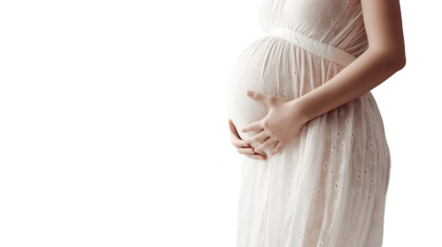 Transparent pregnant woman in dress holds hands on belly on a white background. Pregnancy, maternity, preparation and expectation concept. Beautiful tender mood photo of pregnancy.