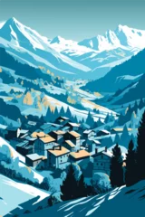 Ingelijste posters Koraalgroen winter landscape with mountains, Swiss alpine village in the style of deconstructed shapes  © Alghas