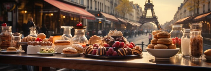 Confectionery with the atmosphere of a street cafe. Delicious treats and pastries. Generative AI