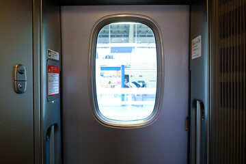 Interior of Japanese express bullet train Shinkansen