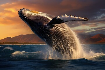 illustration of large whale splashing on waving sea water with foam in daylight near mountain landscape. Generative AI - obrazy, fototapety, plakaty