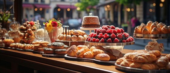 Fototapeta premium Confectionery with the atmosphere of a street cafe. Delicious treats and pastries. Generative AI