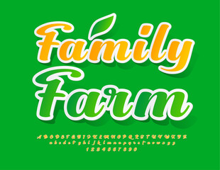 Vector creative banner Family Farm with decorative Leaf. Sticker style Font. Calligraphic Alphabet Letters and Numbers set