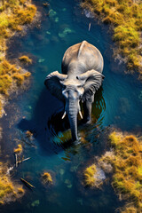 Fototapeta premium Aerial view of an African Elephant wading through the shallow waters of the Okavango Delta in Botswana