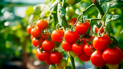 Obraz premium fresh red tomatoes on a branch in the garden. Generative AI