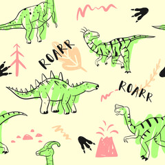 childish dinosaur seamless pattern for fashion clothes, fabric, t shirts. hand drawn vector with lettering.