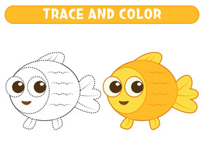 Trace and color cute cartoon fish. Worksheet for kids