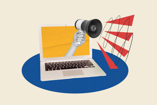 Creative artwork picture collage of hand holding bullhorn megaphone announce news laptop screen media isolated over white background