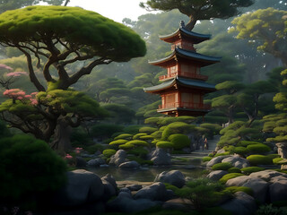 Japanese tea garden || Pagoda | | AI Generative.