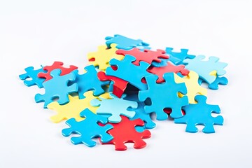 Colorful jigsaw puzzle pieces on a white background. The puzzle pieces are blue, red, and yellow in color and are scattered and not connected to each other.