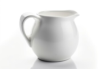 A white ceramic pitcher with a handle and a spout, round and smooth, on a plain white background. - obrazy, fototapety, plakaty