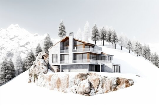 A modern concrete and glass house on a large rock formation, with a balcony overlooking a snowy mountain landscape, a white and overcast sky.