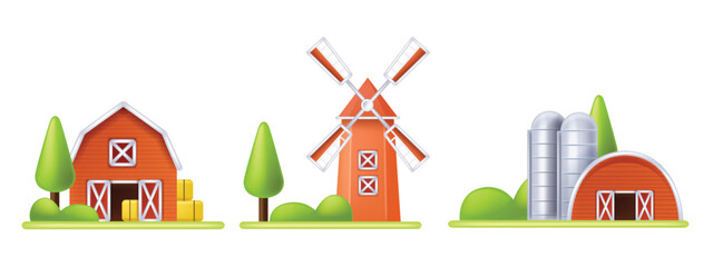 3D farm barn vector icon, mill house front view, red silo cartoon agriculture building exterior. Rural wooden stable construction, ranch village barnyard granary storage tower clipart. Farm barn door