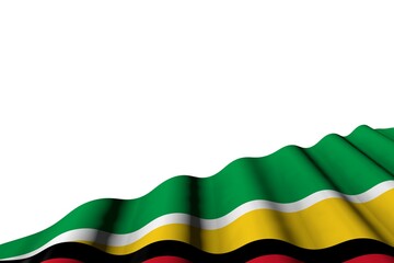 pretty shining flag of Guyana with big folds lay in right bottom corner isolated on white - any occasion flag 3d illustration..